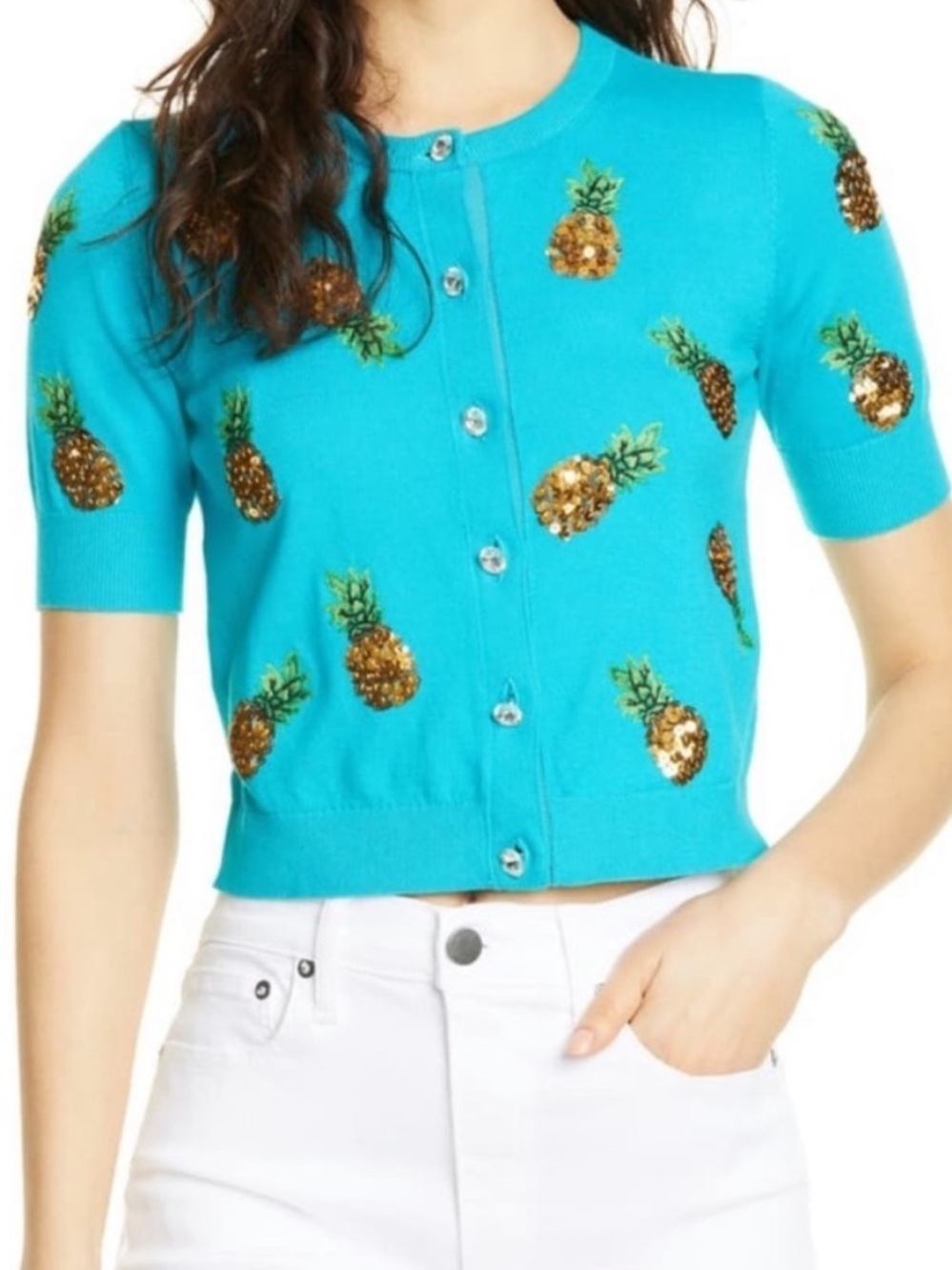 Alice + Olivia Turquoise Sequin Pineapple Cardigan